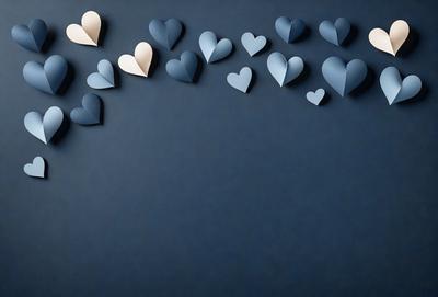 The primary subject of the image is a collection of blue hearts arranged on a blue background. The hearts are scattered across the background, creating a visually appealing pattern. The setting appears to be a dark room, which adds a sense of depth and contrast to the scene. The visual style of the image is a combination of digital art and illustration, as the hearts are carefully placed and arranged to create a cohesive design. The overall atmosphere of the image is calm and serene, with the blue hearts symbolizing love and affection.
