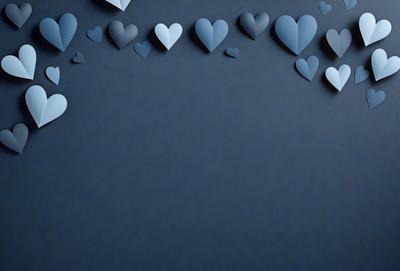The primary subject of the image is a blue wall with a pattern of hearts. The hearts are arranged in various shapes and sizes, creating a visually appealing and playful design. The setting is a dark room, which contrasts with the bright and cheerful hearts. The visual style of the image is a combination of digital art and illustration, as the hearts are carefully placed and arranged to create a cohesive and eye-catching pattern. The dominant colors in the image are blue and white, with the hearts adding a pop of