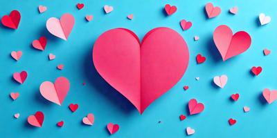 The primary subject of the image is a pink heart-shaped paper, which is the main focus of the scene. The setting is a blue background, which provides a contrasting color to the pink heart. The visual style of the image is a close-up of the heart, showcasing its details. The colors and mood of the image are predominantly pink and warm, creating a sense of love and affection.