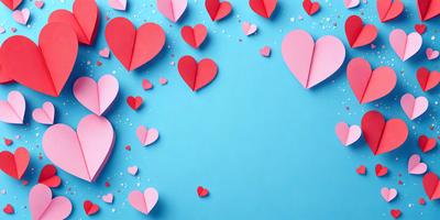 The primary subject of the image is a collection of red hearts, which are scattered across a blue background. The hearts are of various sizes and are arranged in a visually appealing manner. The setting is a blue wall, and the visual style appears to be a combination of digital art and illustration. The dominant colors in the image are red and blue, creating a warm and inviting atmosphere.