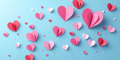 The primary subject of the image is a collection of pink and white paper hearts. These hearts are arranged in various positions and sizes, creating a visually appealing and playful scene. The setting is a blue wall, which serves as a striking backdrop for the hearts. The visual style of the image is a combination of digital art and illustration, as the hearts are created using paper and then digitally arranged on the wall. The dominant colors in the image are pink and white, giving the scene a warm and cheerful atmosphere.