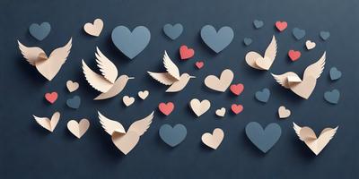 The primary subject of the image is a collection of paper hearts and birds. The hearts are arranged in various shapes and sizes, while the birds are flying around them. The setting is a dark blue background, which contrasts with the white paper hearts and birds. The visual style is a combination of digital art and illustration, creating a unique and artistic display. The colors and mood of the image are predominantly white and blue, giving it a calm and serene atmosphere.
