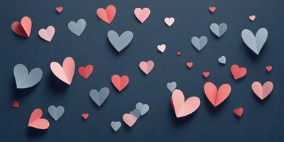 The primary subject of the image is a collection of hearts, which are displayed on a blue background. The hearts are made of paper and come in various sizes and shapes. The visual style of the image is a combination of digital art and illustration, creating a unique and eye-catching display. The dominant colors in the image are blue and pink, which contribute to a calm and soothing atmosphere.