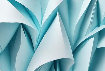 The primary subject of the image is a large, blue, folded paper sculpture. The setting is a blue background, which creates a striking contrast with the paper sculpture. The visual style is a combination of digital art and illustration, as the paper appears to be digitally manipulated and artistically arranged. The colors and mood of the image are predominantly blue, creating a calm and serene atmosphere.