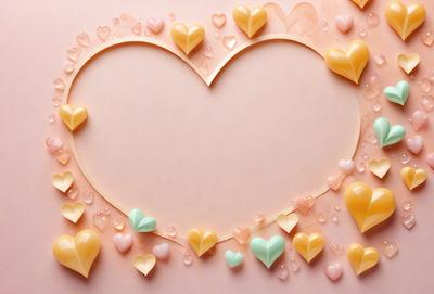 The primary subject of the image is a heart-shaped frame, which is made of paper and features a pink background. The heart is decorated with yellow and green hearts, creating a visually appealing and colorful design. The setting is a pink surface, which serves as the background for the heart-shaped frame. The visual style of the image is a combination of digital art and illustration, as it is a creative and artistic representation of a heart. The colors and mood of the image are warm and