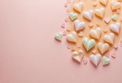 The primary subject of the image is a collection of hearts, which are arranged in various shapes and sizes. The hearts are placed on a pink background, creating a visually appealing and warm atmosphere. The hearts are made of paper, giving the scene a handmade and artistic feel. The overall visual style of the image is a combination of digital art and illustration, with the hearts being the main focus of the composition.