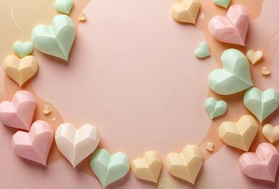 The primary subject of the image is a collection of paper hearts arranged in a circle. The hearts are of various sizes and are placed on a pink background. The setting appears to be a creative and artistic environment, possibly a workspace or a display for a craft project. The visual style of the image is a combination of digital art and illustration, as the paper hearts are carefully arranged and the overall composition is well-executed. The colors and mood of the image are predominantly pink, which gives the scene a
