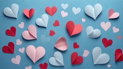 The primary subject of the image is a collection of paper hearts, which are arranged in various shapes and sizes. The hearts are pink and red, and they are placed on a blue surface. The visual style of the image is a combination of photo and digital art, creating a unique and creative display. The colors and mood of the image are predominantly pink and red, giving it a warm and inviting atmosphere.