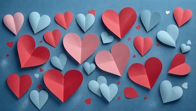 The primary subject of the image is a collection of red and blue heart-shaped cutouts. These heart cutouts are arranged on a blue surface, creating a visually appealing and playful display. The hearts are of various sizes and shapes, adding to the overall charm of the scene. The visual style of the image is a combination of digital art and illustration, with the hearts appearing as if they are made of paper. The dominant colors in the image are red and blue, which evoke feelings of love and warmth.