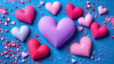 The primary subject of the image is a collection of heart-shaped candy, which are purple and pink in color. They are placed on a blue surface, creating a visually appealing contrast. The hearts are scattered across the surface, with some overlapping each other. The overall atmosphere of the image is playful and fun, as the hearts are often associated with love and affection.