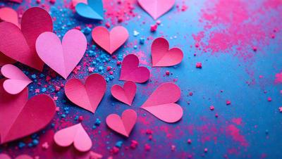 The primary subject of the image is a collection of pink and blue heart-shaped stickers. These stickers are scattered across a blue surface, creating a visually appealing and playful scene. The setting appears to be a creative and artistic environment, possibly for children or those who enjoy crafting and decorating. The visual style of the image is a combination of digital art and illustration, as the stickers are digitally created and placed on the blue surface. The colors and mood of the image are predomin