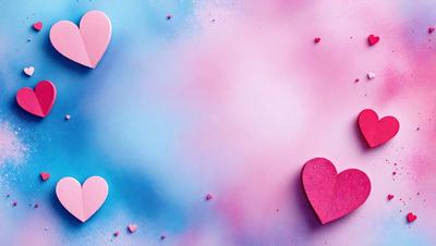 The primary subject of the image is a heart-shaped cutout, which is placed on a pink and blue background. The heart is made of two separate pieces, one pink and one blue. The setting is a colorful and playful environment, with the heart being the main focus of the image. The visual style is a combination of digital art and illustration, creating a vibrant and lively atmosphere. The colors and mood of the image are predominantly pink and blue, with a sense of warmth