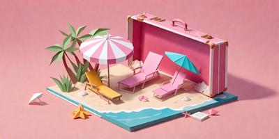 The primary subject of the image is a pink beach scene with a suitcase, beach chairs, and umbrellas. The setting is a pink beach, and the visual style is a digital art or illustration. The colors and mood of the image are predominantly pink, creating a warm and inviting atmosphere.