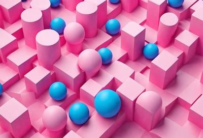 The primary subject of the image is a large pink and blue ball. The setting is a pink and blue patterned surface, which creates a visually appealing and vibrant atmosphere. The visual style of the image is a combination of photo and digital art, giving it a unique and creative appearance. The colors and mood of the image are predominantly pink and blue, evoking a sense of warmth and playfulness.
