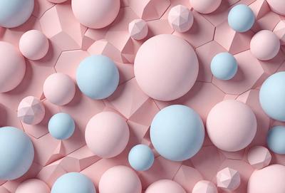 The primary subject of the image is a collection of spherical objects, which are primarily pink and blue in color. These objects are arranged in a visually appealing manner, creating a sense of depth and dimension. The setting is a pink and blue background, which adds to the overall mood and aesthetic of the image. The visual style is a combination of photo and digital art, resulting in a unique and eye-catching composition.