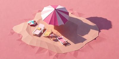The primary subject of the image is a beach scene with a pink sandy surface. There are several beach chairs and umbrellas scattered across the beach, creating a relaxing atmosphere. The visual style of the image is a combination of photo and digital art, giving it a unique and artistic appearance. The colors and mood of the scene are predominantly pink, which adds to the overall warm and inviting ambiance.