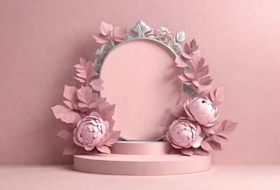 The primary subject of the image is a mirror with pink flowers on it. The mirror is placed on a pink surface, which adds to the overall color scheme of the scene. The visual style of the image is a combination of photo and digital art, creating a unique and artistic representation of the mirror with flowers. The colors and mood of the image are predominantly pink, giving it a warm and inviting atmosphere.
