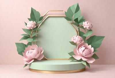 The primary subject of the image is a green frame with pink flowers on it. The setting is a pink background, and the visual style is a combination of photo and digital art. The dominant colors are green and pink, creating a warm and inviting atmosphere.