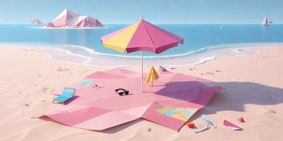The primary subject of the image is a pink and yellow umbrella, which is set up on a pink and blue beach towel. The umbrella is open and provides shade for the towel. The setting is a beach, with the ocean visible in the background. The visual style is a combination of digital art and illustration, creating a vibrant and colorful scene. The dominant colors are pink, yellow, and blue, giving the image a cheerful and relaxing atmosphere.