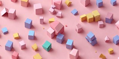 The primary subject of the image is a collection of colorful geometric shapes, including cubes and triangles, arranged on a pink surface. The setting appears to be a creative and playful environment, possibly a children's room or a workspace for an artist. The visual style of the image is a combination of digital art and illustration, with the shapes and colors creating a vibrant and lively atmosphere. The dominant colors in the image are pink, blue, yellow, and green, which contribute to the overall cheer