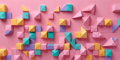 The primary subject of the image is a large pink wall with a pattern of small, colorful triangles. The setting is a room with a pink background, and the visual style appears to be a combination of digital art and illustration. The dominant colors are pink and various shades of blue, green, and yellow, creating a vibrant and lively atmosphere.