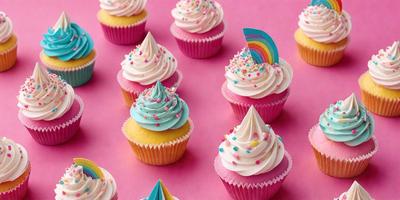The image features a table with a pink background, topped with a variety of cupcakes. There are at least 12 cupcakes in the scene, each with different colors and decorations. Some of the cupcakes have colorful frosting and sprinkles, while others have a more simple design. The cupcakes are arranged in various positions on the table, creating an inviting and visually appealing display.