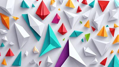 The primary subject of the image is a collection of colorful geometric shapes, including triangles and diamonds, arranged on a white surface. The shapes are made of paper and are displayed in various sizes and orientations. The setting is a white wall, and the visual style is a combination of digital art and illustration. The dominant colors in the image are a mix of purple, blue, green, and red, creating a vibrant and lively atmosphere.