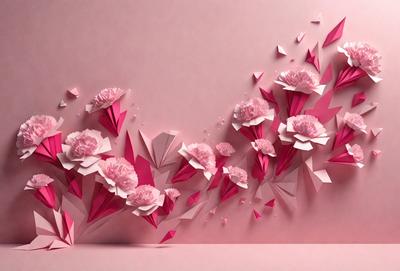 The primary subject of the image is a pink flower. The setting is a pink wall, and the visual style is a digital art or illustration. The dominant colors are pink and white, creating a warm and inviting atmosphere.