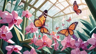 The primary subject of the image is a group of butterflies flying around and landing on a flower. The setting is a garden with a variety of flowers, including pink ones. The visual style is a combination of photo and digital art, creating a vibrant and lively atmosphere. The colors and mood are predominantly pink, which adds a sense of warmth and beauty to the scene.