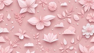 The primary subject of the image is a pink background with various pink flowers and leaves. The setting is a pink wall, and the visual style is a combination of digital art and illustration. The dominant colors are pink, and the overall atmosphere is soft and delicate.