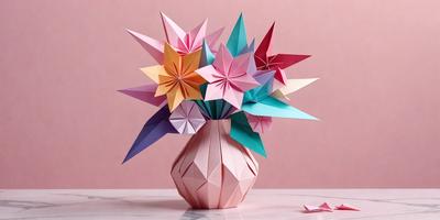 The primary subject of the image is a vase filled with colorful paper flowers. The vase is placed on a table, and the flowers are arranged in a visually appealing manner. The setting appears to be a room with a pink background, which adds to the overall atmosphere of the scene. The visual style of the image is a combination of photo and digital art, creating a unique and eye-catching display. The colors and mood of the image are vibrant and cheerful, with the paper flowers providing a sense