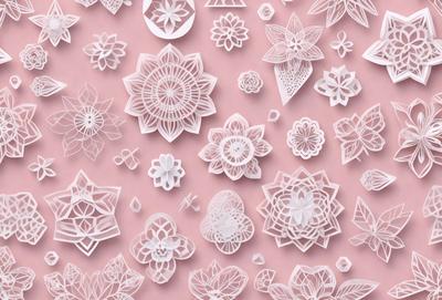 The primary subject of the image is a collection of white paper flowers, which are arranged in various shapes and sizes. The flowers are displayed on a pink background, creating a visually appealing contrast. The visual style of the image is a combination of digital art and illustration, as the paper flowers are intricately crafted and carefully placed. The colors and mood of the image are predominantly white and pink, giving it a delicate and elegant appearance.