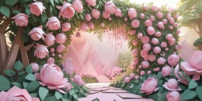 The primary subject of the image is a beautifully designed pink flower arrangement. The setting is a pink and white garden, with a path leading to a pink flower arch. The visual style is a combination of digital art and illustration, creating a vibrant and lush atmosphere. The colors and mood are predominantly pink and white, giving the scene a warm and inviting feel.