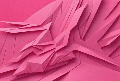 The primary subject of the image is a large, pink, three-dimensional paper sculpture. The sculpture is made of paper and is displayed on a pink background. The visual style of the image is a combination of digital art and illustration, creating a unique and eye-catching piece of art. The colors and mood of the image are predominantly pink, giving it a warm and inviting atmosphere.