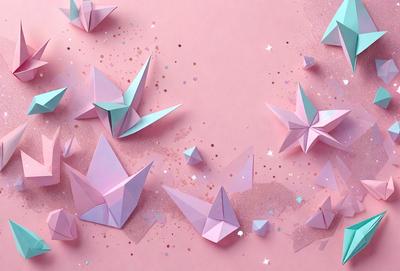 The primary subject of the image is a collection of origami paper cranes. The setting is a pink background, which adds a warm and inviting atmosphere to the scene. The visual style is a combination of photo and digital art, creating a realistic yet artistic representation of the origami paper cranes. The colors and mood of the image are predominantly pink, which gives the scene a soft and delicate appearance.
