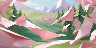 The primary subject of the image is a group of pink origami birds flying in the sky. The setting is a lush green field, and the visual style is a combination of photo and digital art. The colors are predominantly pink, creating a warm and inviting atmosphere.