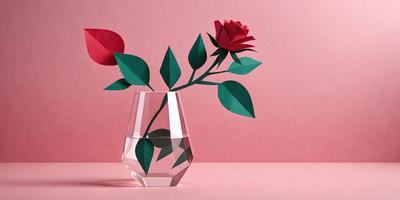 The primary subject of the image is a glass vase filled with red and green paper flowers. The vase is placed on a pink surface, which serves as the setting for the scene. The visual style of the image is a combination of photo and digital art, creating a realistic yet artistic representation of the paper flowers. The colors and mood of the image are predominantly pink and vibrant, giving the scene a warm and inviting atmosphere.