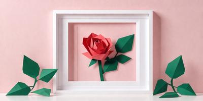 The primary subject of the image is a red paper rose, which is the main focus of the scene. The setting is a pink background, which adds to the overall atmosphere of the image. The visual style is a combination of photo and digital art, creating a unique and eye-catching presentation. The colors and mood of the image are predominantly pink and red, giving it a warm and inviting feel.