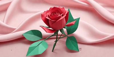 The primary subject of the image is a red paper rose. The rose is placed on a pink surface, which could be a piece of fabric or a tablecloth. The visual style of the image is a combination of photo and digital art, creating a realistic yet artistic representation of the rose. The dominant colors in the image are red and pink, giving the scene a warm and inviting atmosphere.
