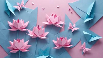 The primary subject of the image is a collection of origami flowers, which are displayed on a pink and blue background. The flowers are made from paper and are arranged in various shapes and sizes. The setting appears to be a creative and artistic environment, possibly a workspace or a display of artistic talent. The visual style of the image is a combination of digital art and illustration, as the flowers are carefully crafted and placed on the background. The colors and mood of the image are vibrant and lively,