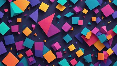 The primary subject of the image is a colorful and abstract arrangement of geometric shapes, including triangles and squares. The setting is a dark blue background, which contrasts with the vibrant colors of the shapes. The visual style is a combination of digital art and illustration, creating a unique and eye-catching pattern. The dominant colors are a mix of blue, purple, orange, and green, giving the image a lively and energetic atmosphere.