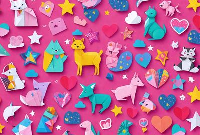 The primary subject of the image is a collection of various paper cutouts, including animals and hearts, arranged on a pink background. The setting appears to be a creative and playful environment, possibly for children or an art project. The visual style is a mix of digital art and illustration, with the paper cutouts giving the image a unique and handmade appearance. The colors and mood of the image are predominantly pink, which adds a sense of warmth and joy to the scene.
