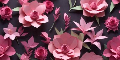 The primary subject of the image is a collection of pink paper flowers. These flowers are arranged in a visually appealing manner, creating a beautiful and vibrant display. The setting is a black background, which contrasts with the pink flowers, drawing attention to them. The visual style of the image is a combination of digital art and illustration, as the flowers are crafted from paper and digitally arranged. The colors and mood of the image are predominantly pink, which evokes a sense of warmth,