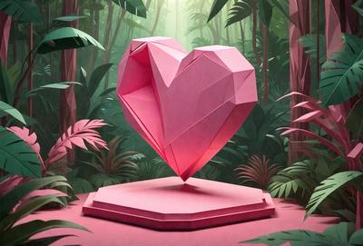 The primary subject of the image is a heart-shaped paper sculpture. The heart is pink and is placed on a pink pedestal. The setting is a forest, with trees surrounding the heart sculpture. The visual style is a combination of digital art and illustration, creating a unique and artistic representation of the heart. The colors and mood of the image are predominantly pink, which adds a sense of warmth and love to the scene.