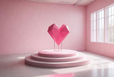 The primary subject of the image is a large, pink heart-shaped sculpture. The heart is placed on a pedestal, which is situated on a pink surface. The setting is a room with a window, and the visual style appears to be a combination of photo and digital art. The colors and mood of the image are predominantly pink, creating a warm and inviting atmosphere.