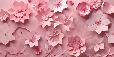 The primary subject of the image is a large pink flower made out of paper. The setting is a pink background, which adds to the overall mood of the scene. The visual style is a combination of digital art and illustration, creating a unique and eye-catching design. The dominant colors are pink and white, giving the image a warm and inviting atmosphere.