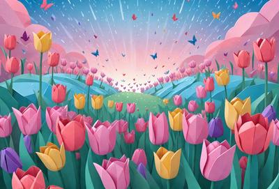 The primary subject of the image is a field of colorful flowers, predominantly pink and yellow. The setting is a lush, vibrant garden with a backdrop of a sunset. The visual style is a combination of digital art and illustration, creating a whimsical and artistic atmosphere. The colors and mood of the image are predominantly warm and cheerful, with the flowers and sky creating a sense of happiness and tranquility.