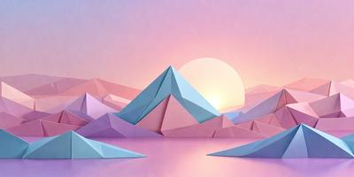 The primary subject of the image is a large, three-dimensional paper model of a mountain range. The setting is a pink sky, which creates a unique and visually striking backdrop for the paper model. The visual style of the image is a combination of digital art and illustration, as the paper model is skillfully crafted and rendered in a digital format. The colors and mood of the image are predominantly pink, which adds a sense of warmth and softness to the overall atmosphere.