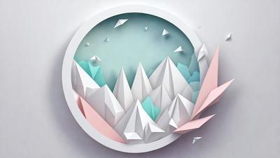 The primary subject of the image is a mountainous landscape, featuring a large mountain with a blue sky in the background. The setting is a white surface, which could be a wall or a piece of paper. The visual style of the image is a combination of digital art and illustration, creating a unique and intricate design. The colors and mood of the image are predominantly blue and green, giving the scene a serene and calming atmosphere.
