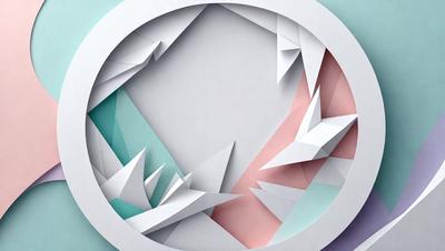 The primary subject of the image is a white circle with a pink and blue background. The circle is filled with a pattern of triangles, creating a visually interesting and colorful design. The setting appears to be a white background, which contrasts with the vibrant colors of the circle. The visual style of the image is a combination of digital art and illustration, as the triangles are intricately arranged and the overall composition is well-executed. The colors and mood of the image are lively and energet